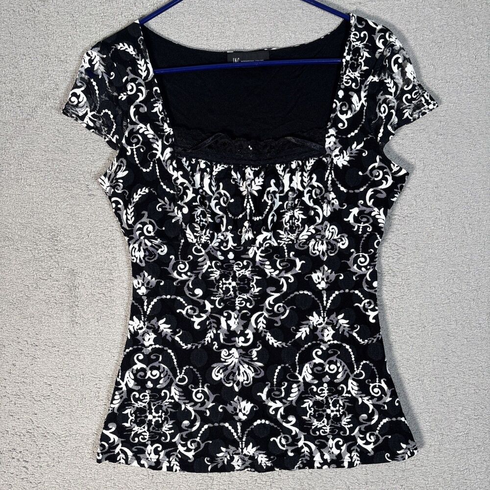 INC Top Women’s XS Black Ornate Baroque Damask Square Neck Whimsigoth Y2K Fairy